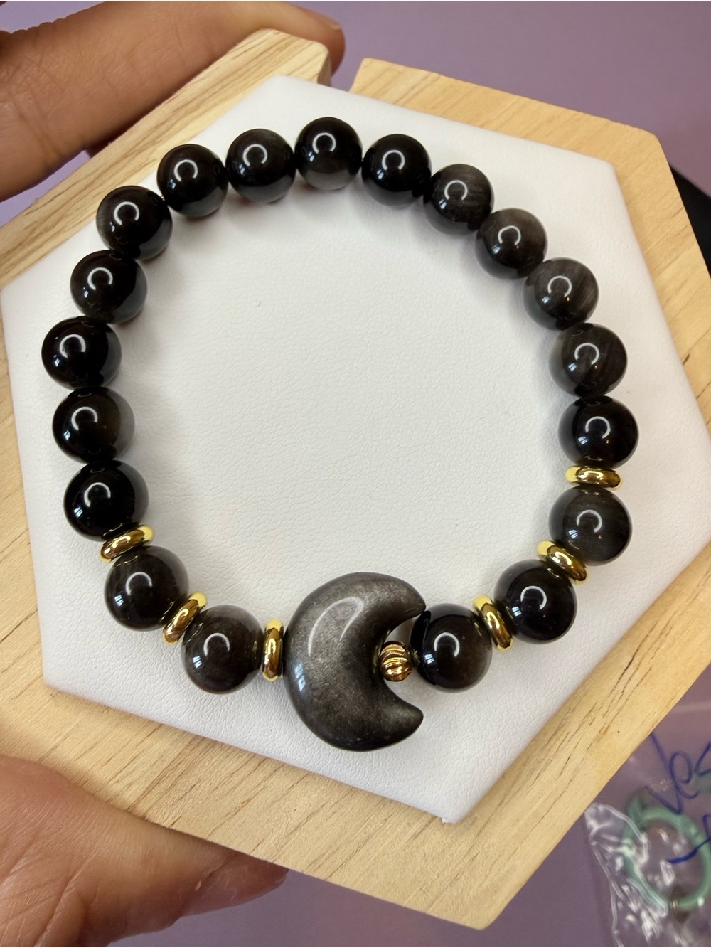 Gold Accent Silversheen Obsidian Bead Bracelet